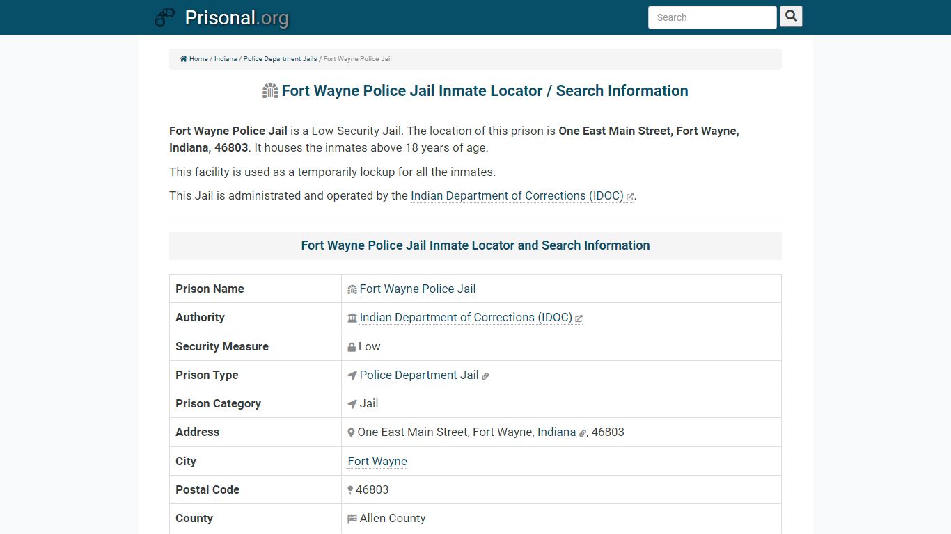 Fort Wayne Police Jail-Inmate Locator/Search Info, Phone ...